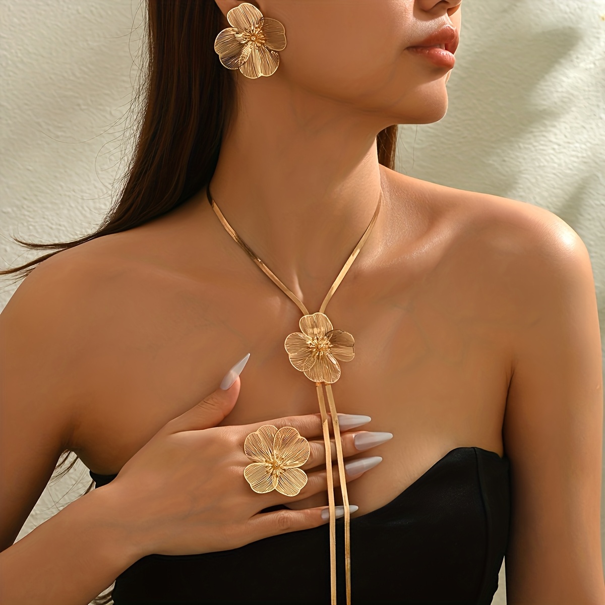 TEMU Set da 3 pezzi, Novit� Inverno Collana da Donna con Borchie e Anelli, Set con Fiocchi Lunghi a Forma di Y, , Facile da Abbinare, Elegante, per