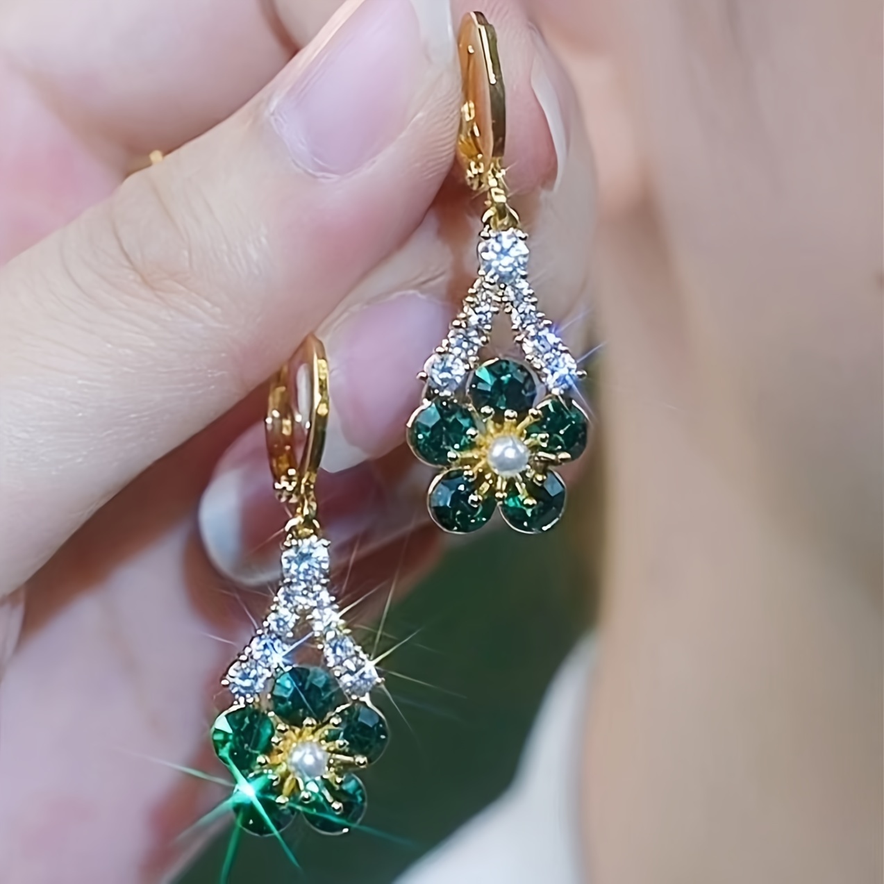 elegant green cubic synthetic synthetic zircon flower earrings luxurious alloy dangle jewelry for   for parties gifts Product details 1