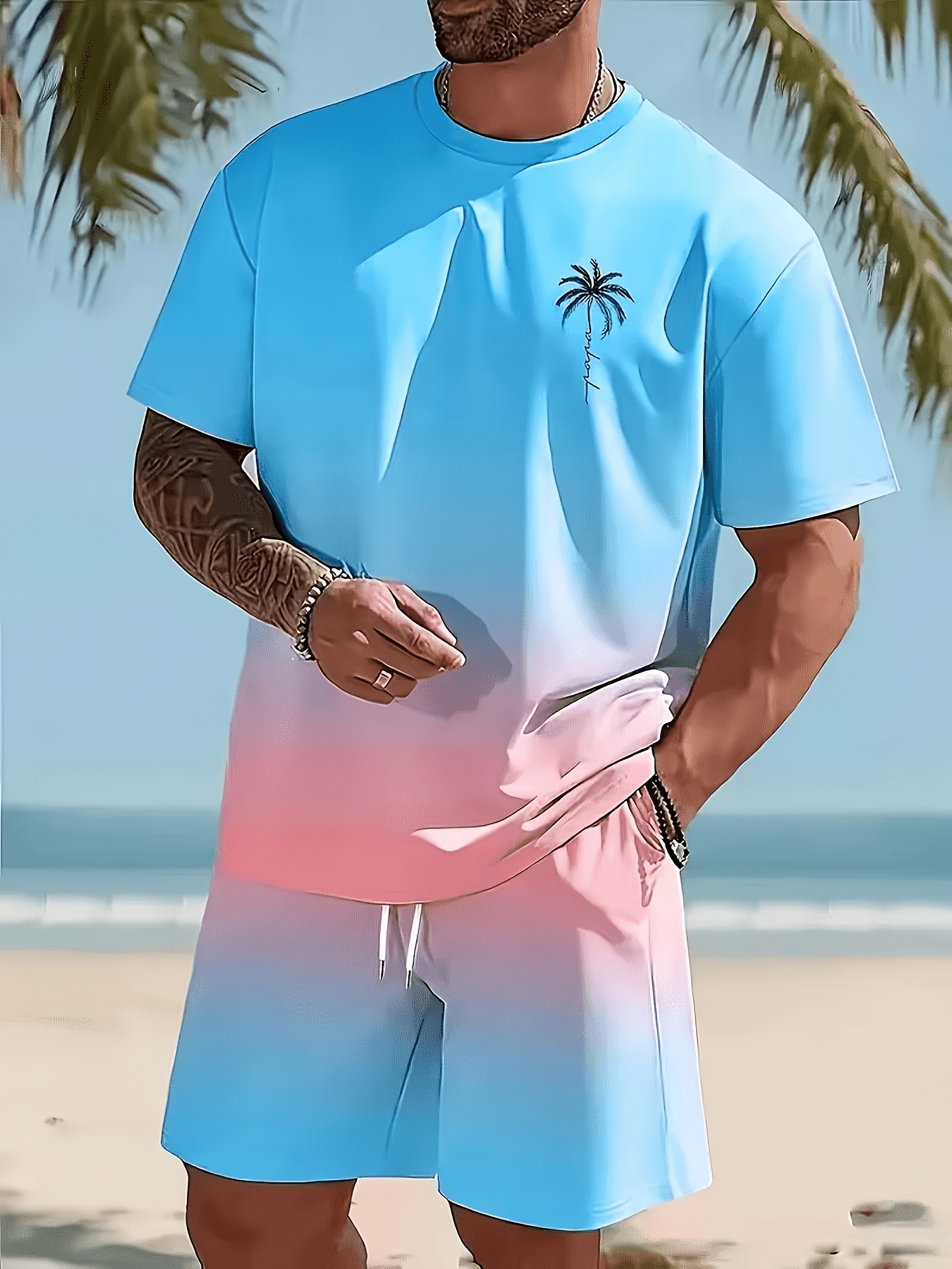 2pcs 1 set mens casual sportswear hawaiian style gradient design round neck short sleeved t shirt and elastic waistband shorts suitable for summer outdoor activities