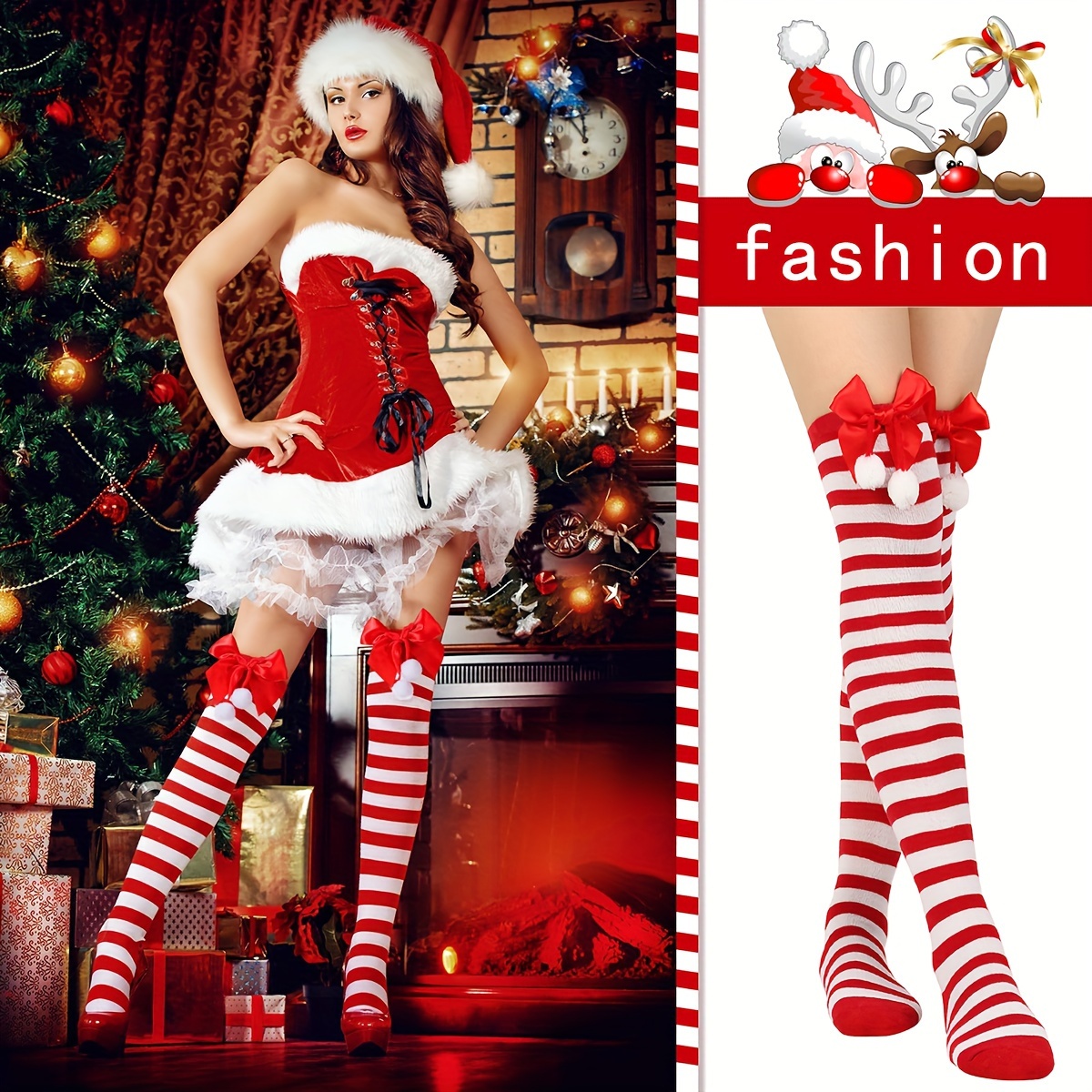 

Cozy & Christmas Over-the-knee Socks With Bowknot - , Striped, Colorblock Design For Holiday , Casual, Sports Stripes