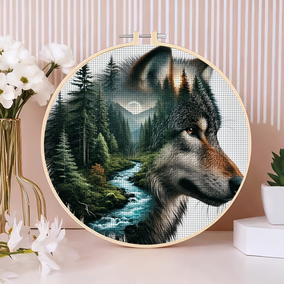 Wolf Head Forest Landscape Cross Stitch Embroidery Hoop Kit