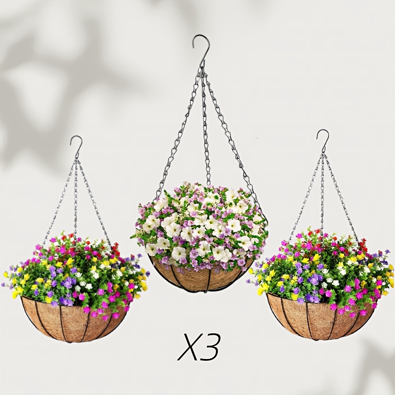 TEMU Hanging Flowerpot Basket Set (3pcs), Rust Proof Metal Chain And 10inch With Coconut Padding, Perfect For Indoor And Outdoor Garden, Porch, And