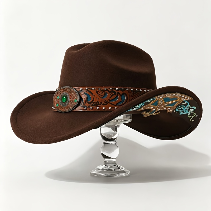 TEMU Bohemian Ethnic Felt Western Cowboy Hat With Retro Carved Turquoise Rivet Decorations For Dance Party, Music Festival, And Festive Wear