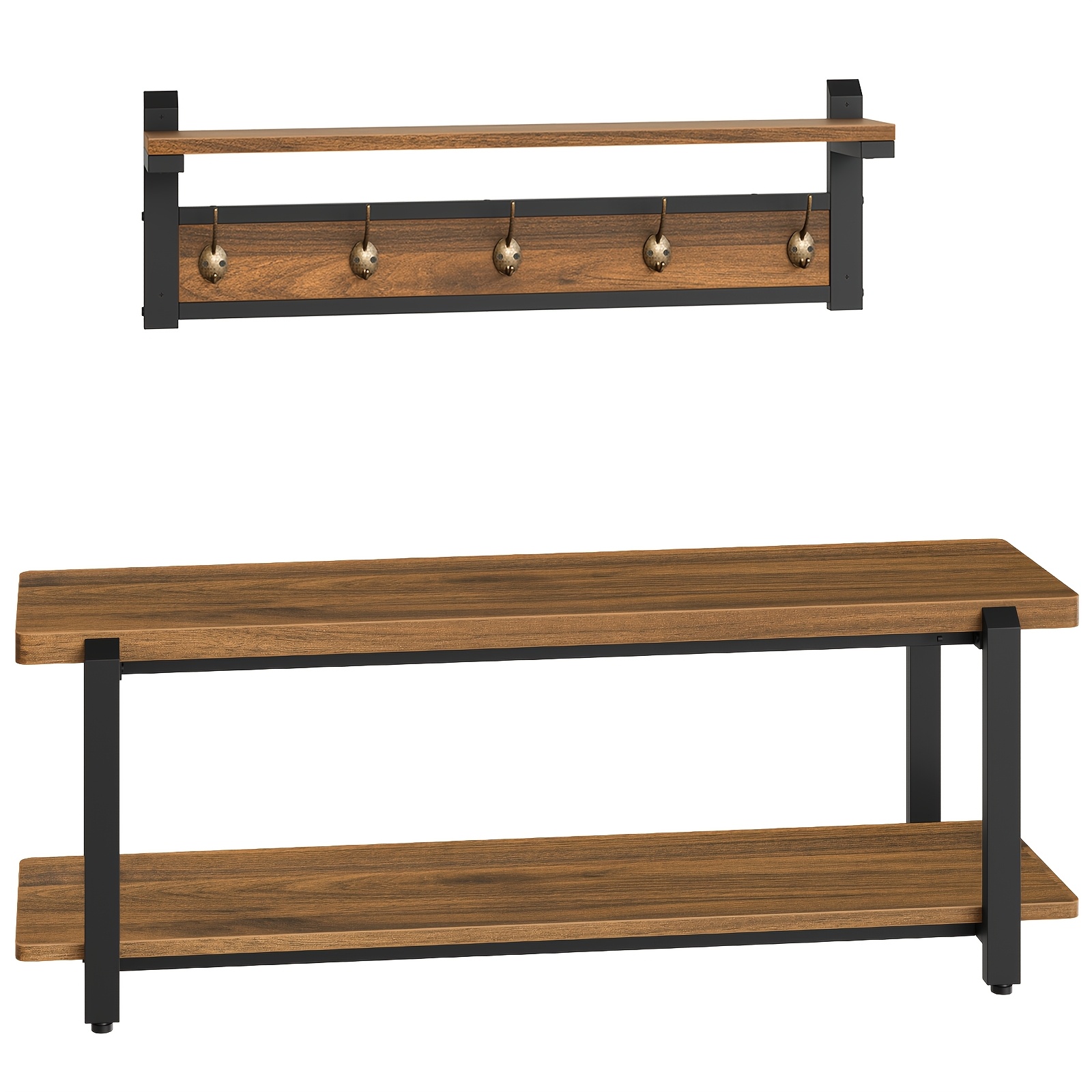 Image of Double-layer Retro Wooden Shoe Changing Stool Set, Wall-mounted Coat Rack With 5 Hooks, Double-layer Brown Shoe Rack, Perfect Space- Shoe Cabinet For Hallway, Entrance And Bedroom.