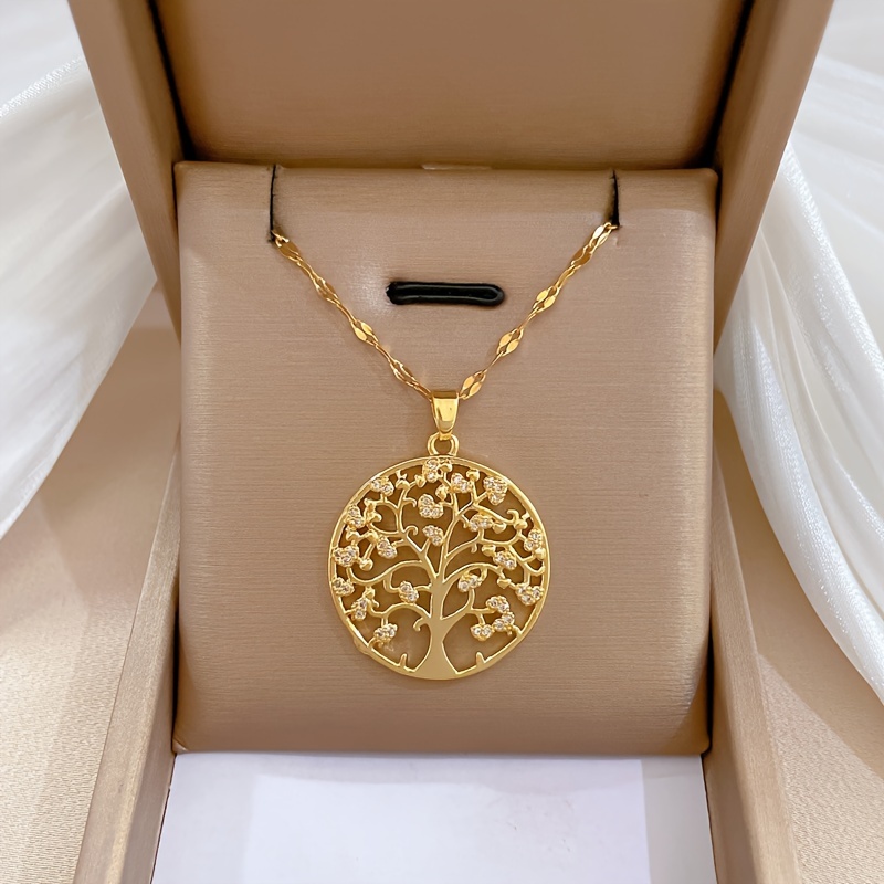 

Fashion Exquisite National Wind Light Luxury Style Hollow Life Tree Round Pendant Necklace Micro-inset Shining Holiday Birthday Girl Ladies Perfect Gift