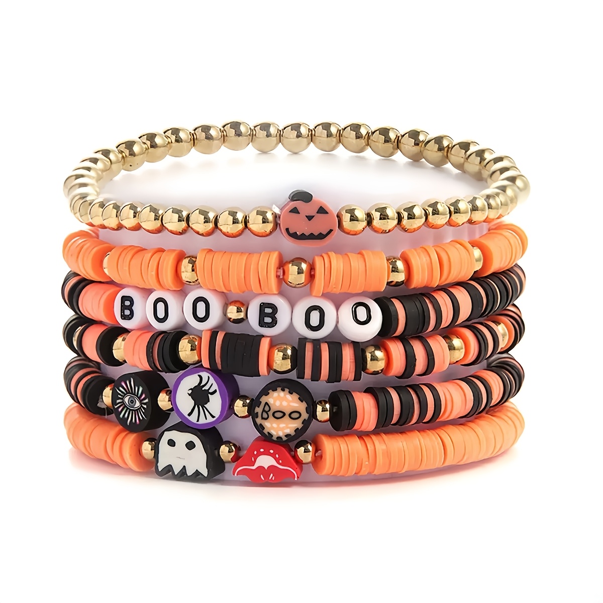 TEMU 6pcs Set Halloween Soft Clay Bead Bracelets Pumpkin Spider Letter Stackable Wristbands Holiday Party Themed Additions Gift