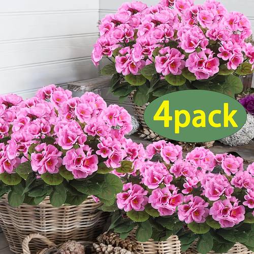 4 pack realistic artificial pink geraniums with green foliage vibrant plastic flowers for indoor outdoor decor garden porch patio window box and hanging planter year round display porch decoration greenery accent lifelike floral