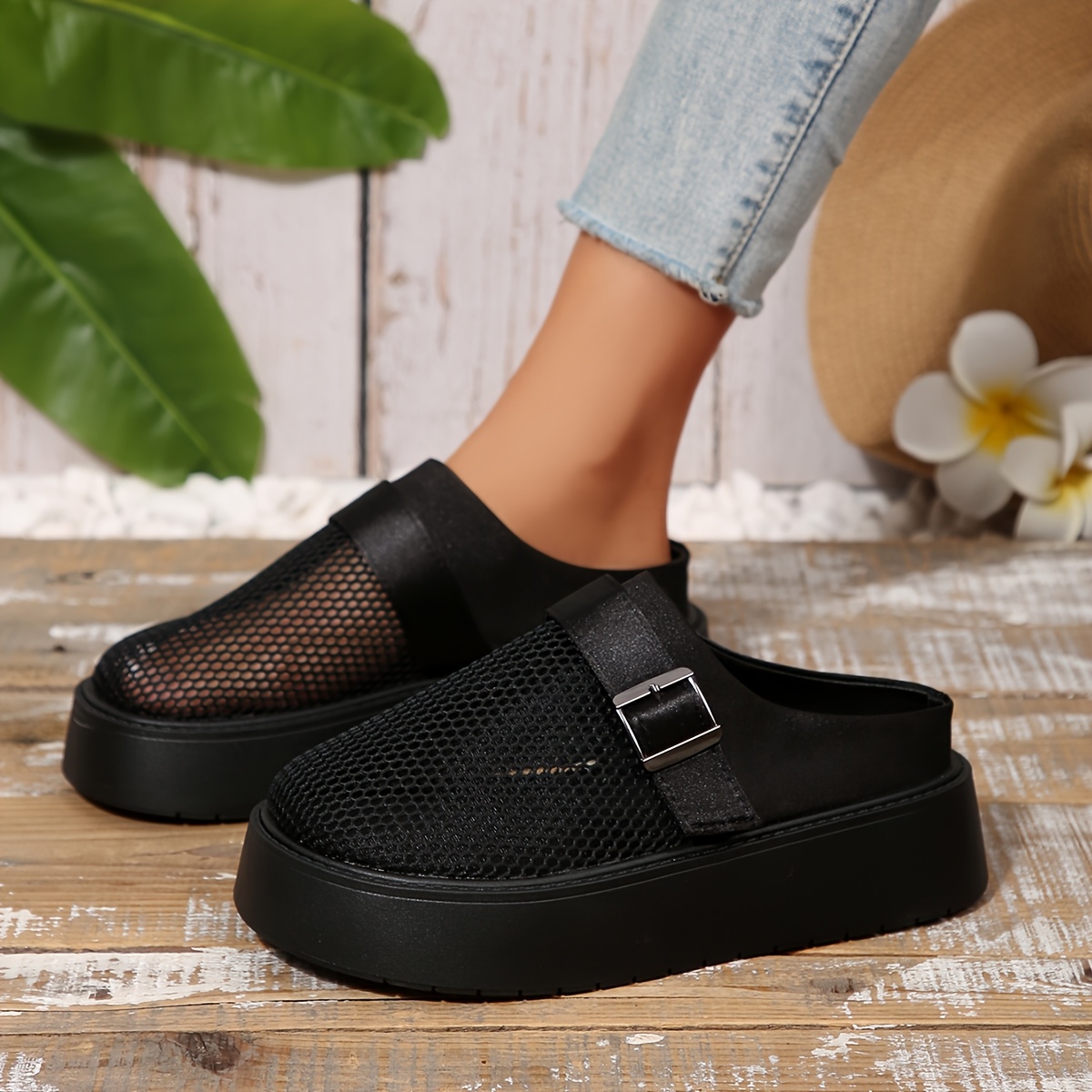 Women's Thick-Soled Half Mesh Breathable Lazy Summer Shoes