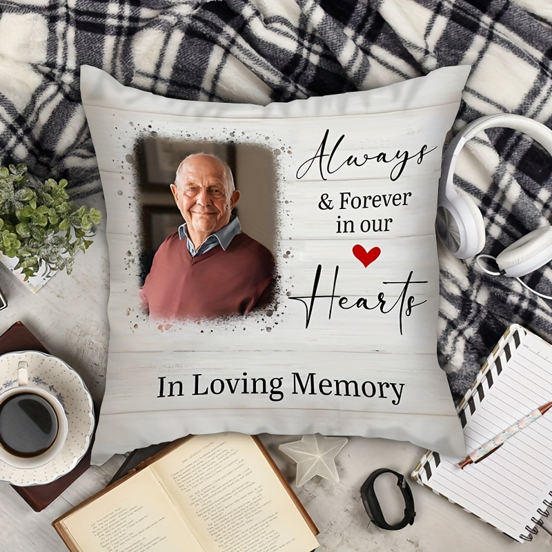 

Personalized Memorial Throw Pillow: 18x18 Inch, Custom Photo, Contemporary Style, Linen Cover, Zip Closure, Hand Wash Only