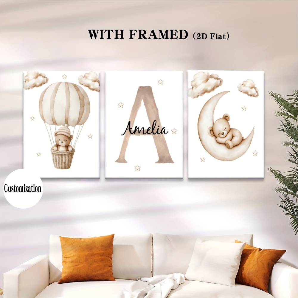 Personalized 3pcs Custom Name Canvas Set, Floral Wall Art