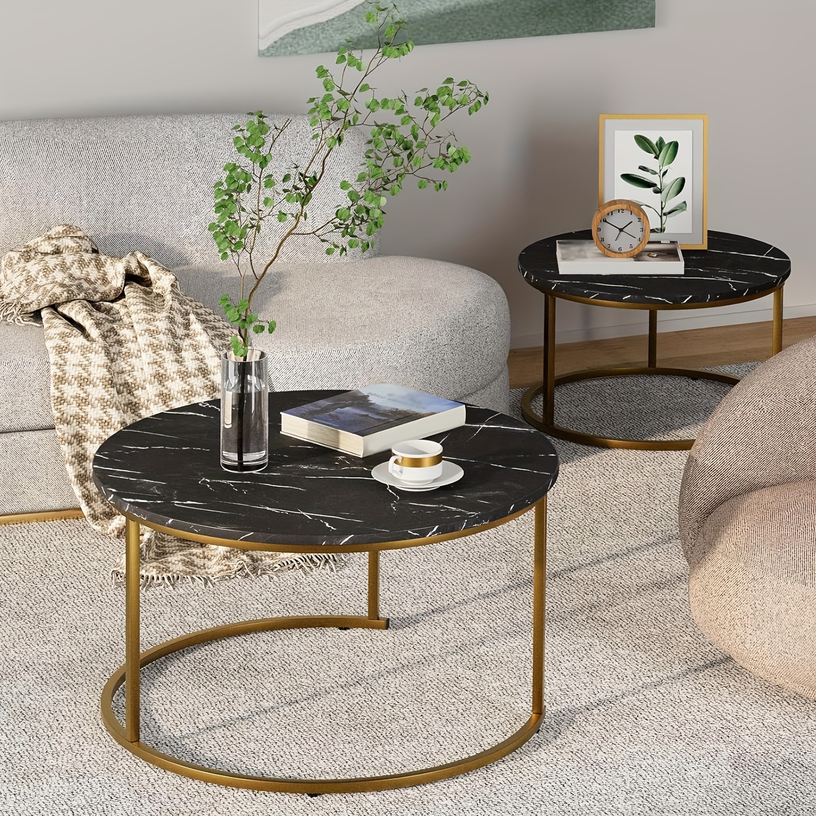 E-shop Modern Runde Couchtisch-Set aus Metall mit Marmoroptik, 2-teilig, -Tische für Wohnzimmer, Balkon oder Büro