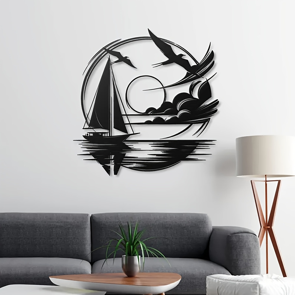 

Chic Metal Sailboat Wall Art With Seagull Accent - Modern Nautical Decor, Living Room & , Easy To Hang, 15.75in X 15.75in