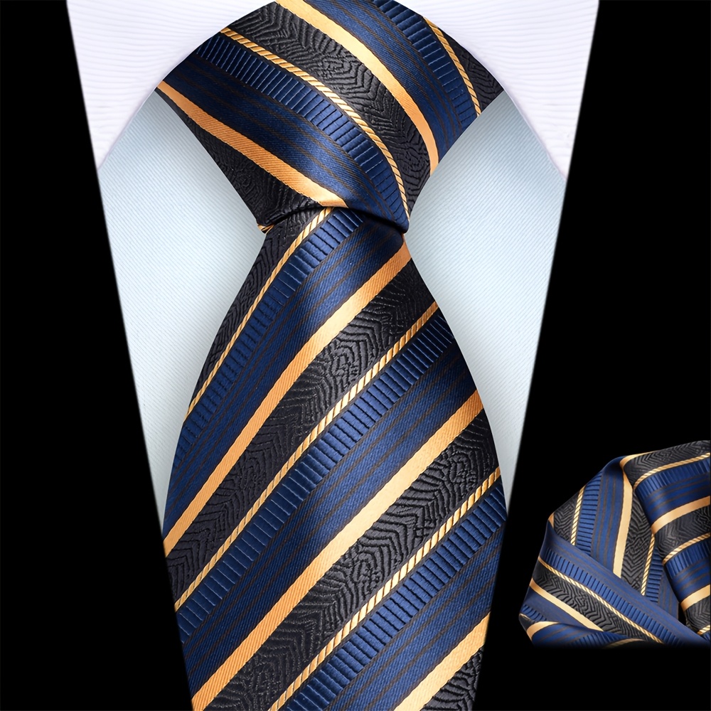 TEMU 2pcs Ricnais Men's Necktie And Pocket Square 2pcs - Striped Wedding & Party Accessories Suitable For Weddings, Business Events, Parties - Classic Formal Gift For Men (ideal For Gifts)