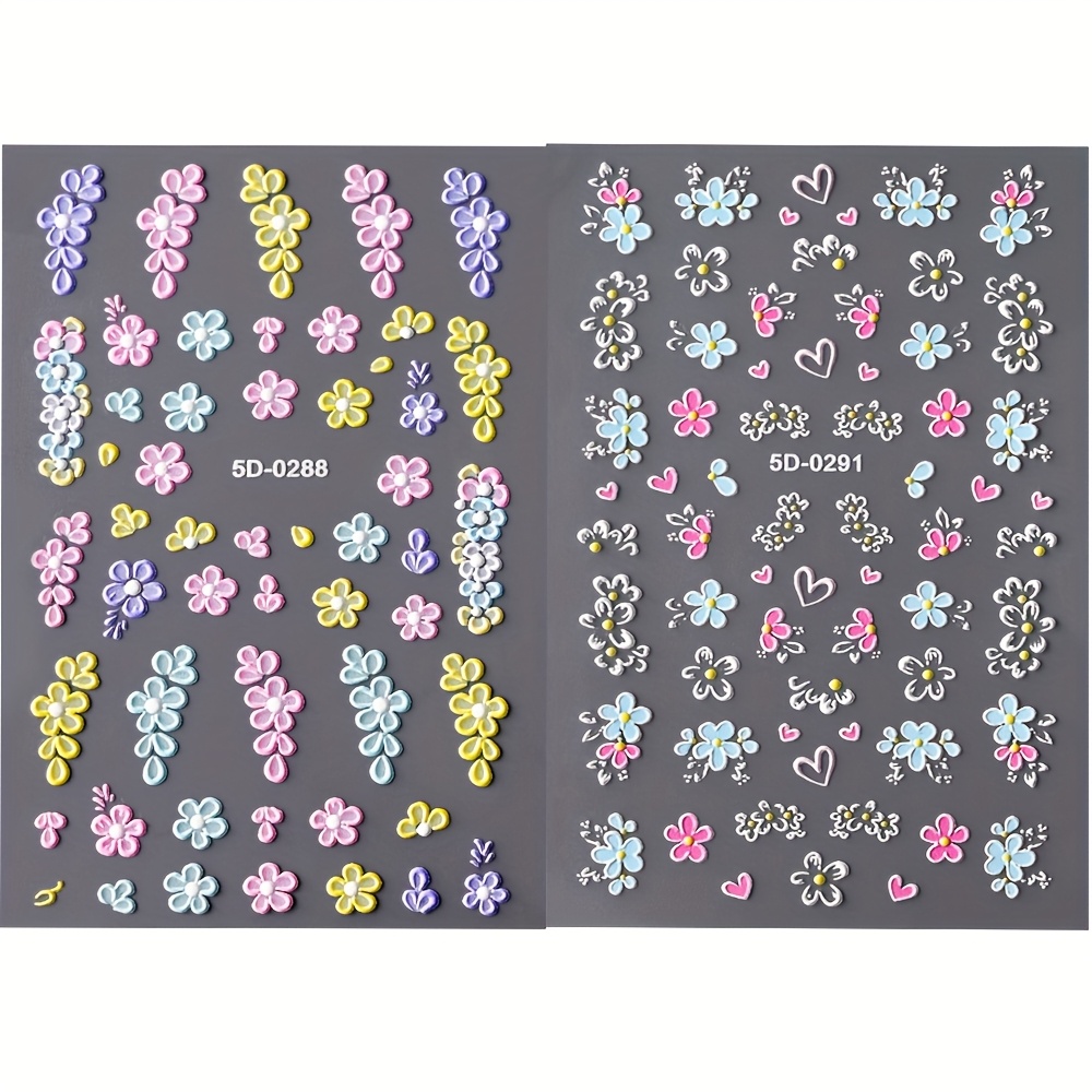 2pcs 5d Embossed Floral Nail Art Stickers - Different Styles, Self-adhesive, Semi- Acrylic Sider Flower Nail Decals With Pink, White, Blue, & Lines - Fantasy Theme Manicure Decoration Nail Stickers