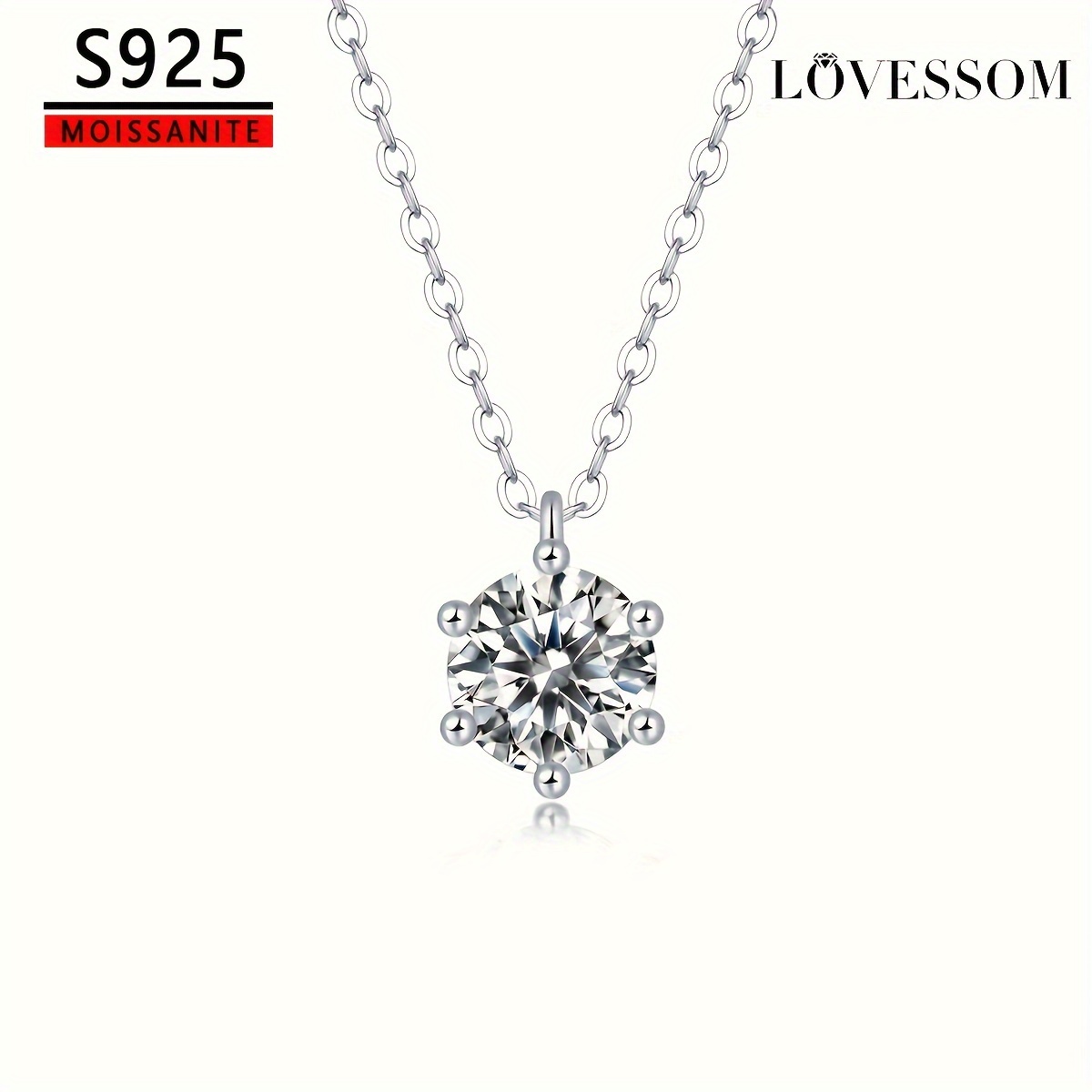925 Silver Moissanite Necklace with 6-Claw Pendant