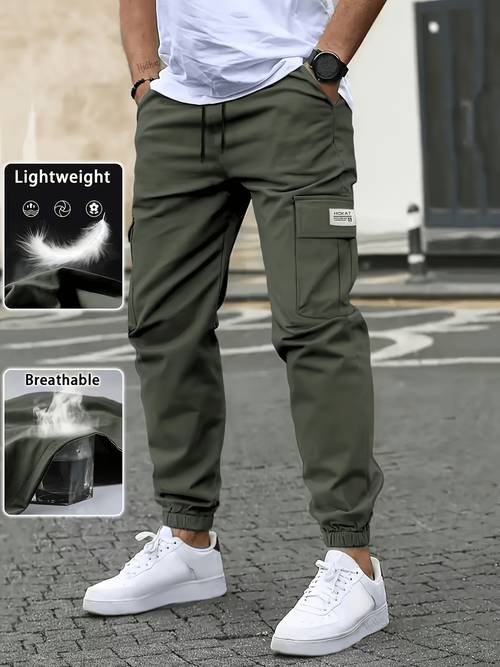 mens cargo pants multi pocket ankle cinching design style for casual outdoor workwear and athletic trousers