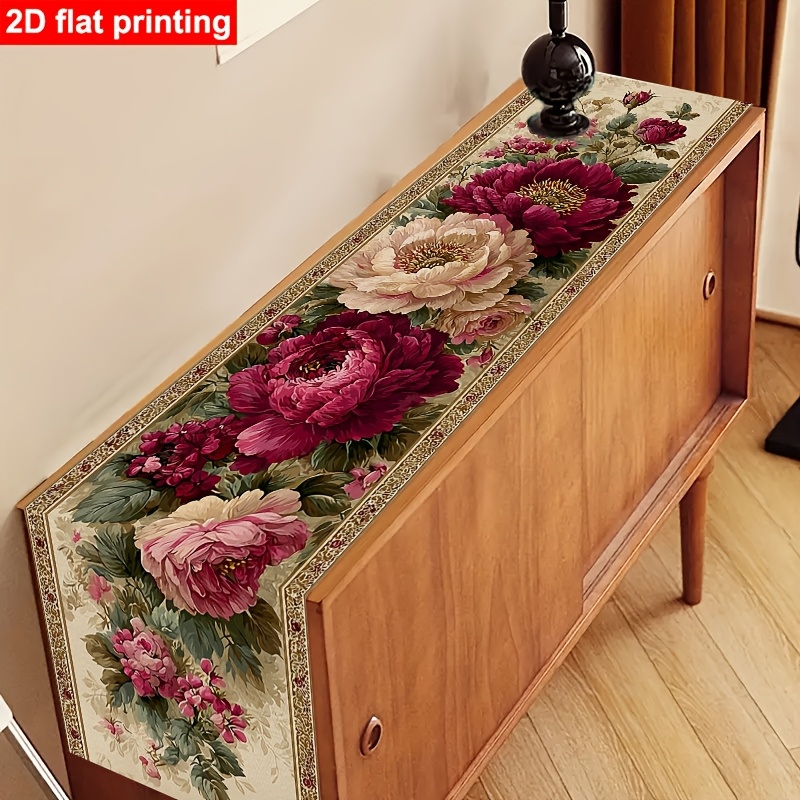 TEMU 1pc Tablecloth With Peony And Rose In Beige And Maroon, Suitable For Occasions Such As Valentine's Day, Mother's Day, Weddings, Anniversaries,