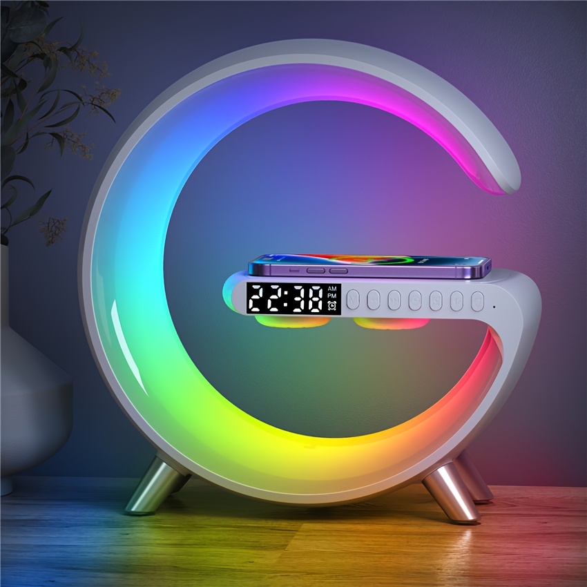   multifunction wireless charger pad phone stand speaker led   up light rgb night light with wireless speaker fast wireless charger desk lamp for bedroom bedside game room for iphone 15 14   pro max samsung s22 s21