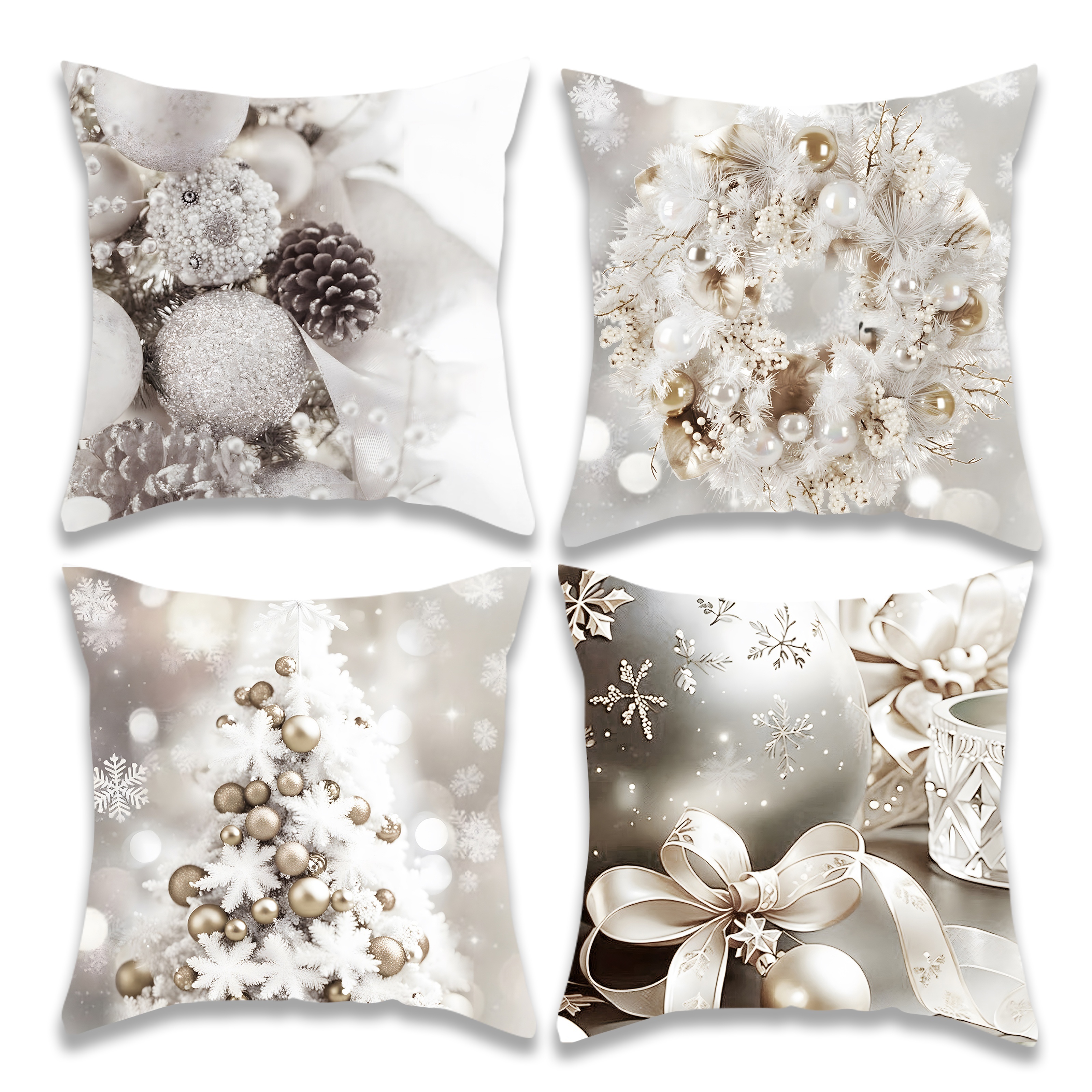 

4pcs Luxurious Velvet Christmas Throw Pillow Covers - Designs With Snowflakes, Trees & Gifts, 18x18 Inch - Decor, Zip Closure, Machine Washable