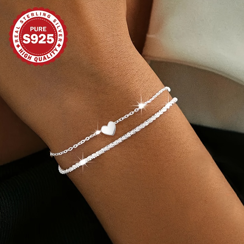 

A Double-layer Heart Bracelet S925 Silver, Sparkling And , A Must-have For Festivals, Hypoallergenic At 2.3g.