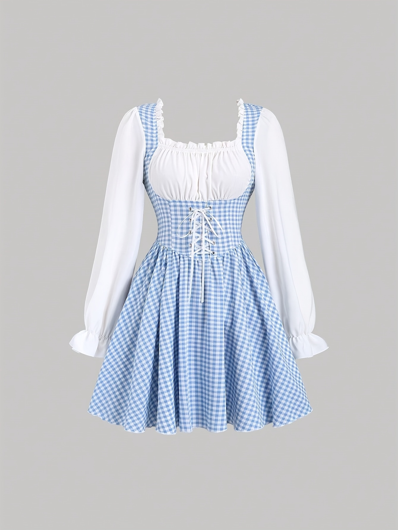 womens blue white gingham check mini dress square neck long sleeve cinched waist   cuffs lightweight polyester   parties graduations and casual   graduation dress   sleeve dress glossy texture cute dresses
