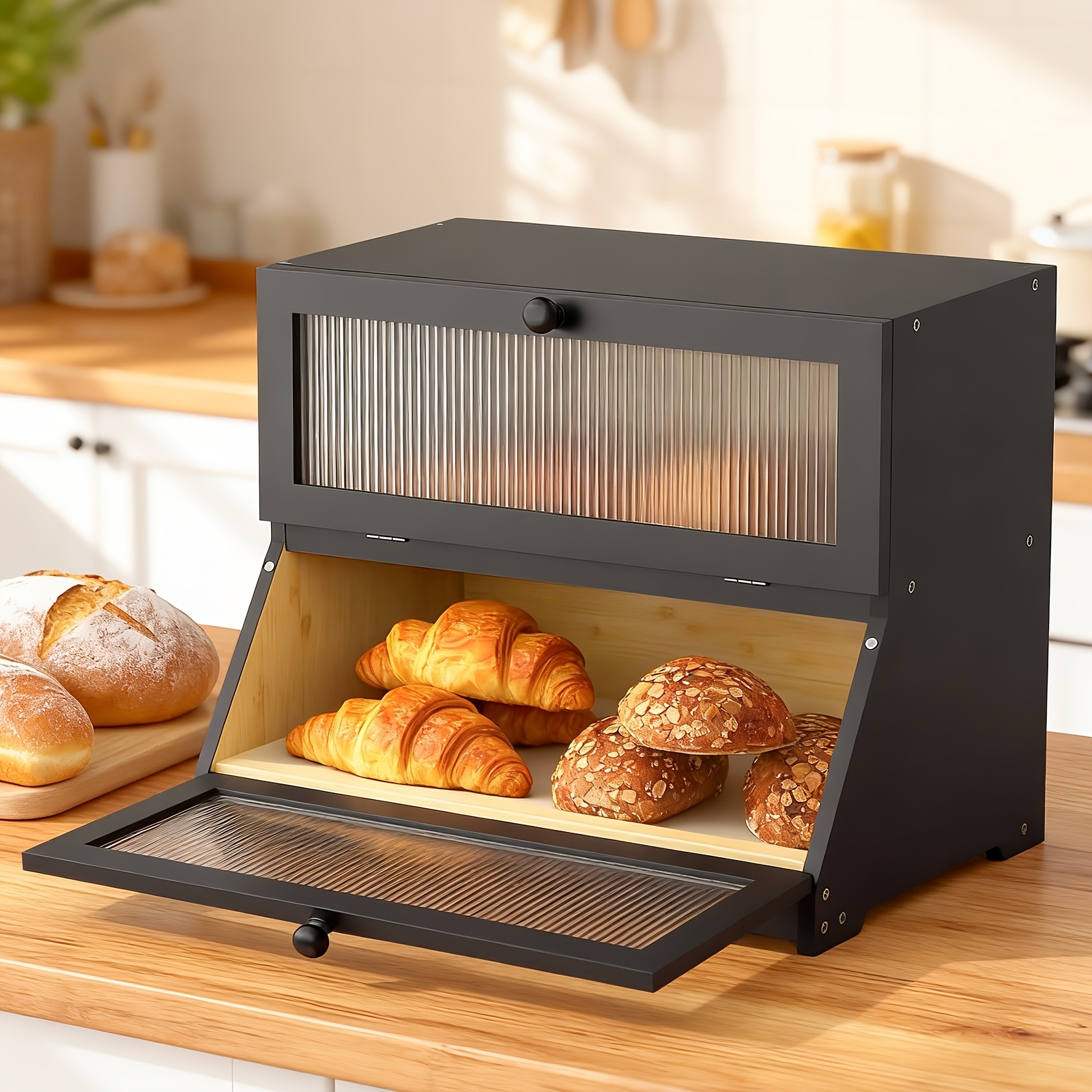 TEMU de pan de bambú con abatible - capa espaciosa para pan, fácil de , para encimera o despensa, diseño cuadrado nórdico minimalista con paneles de