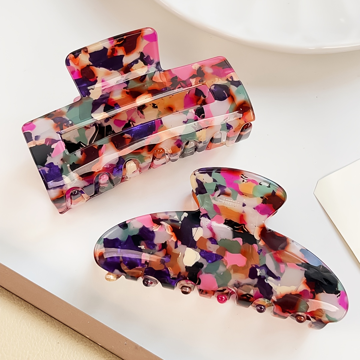 Image of 2pcs Floral Confetti Acetate Hair Claw Clips Set, Colorful Marbled Large Non-slip Shark Clips, Glossy Hollow Rectangle & Curved Jaw Clamps, Women Boho Summer Casual Hair Accessori