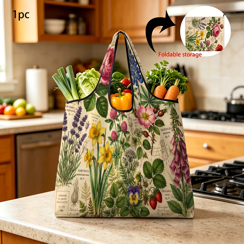 TEMU 1pc Reusable Grocery Bags Vintage Botanical Herbs Flowers Print Foldable Portable Large Capacity Shopping Bag For Daily Shopping