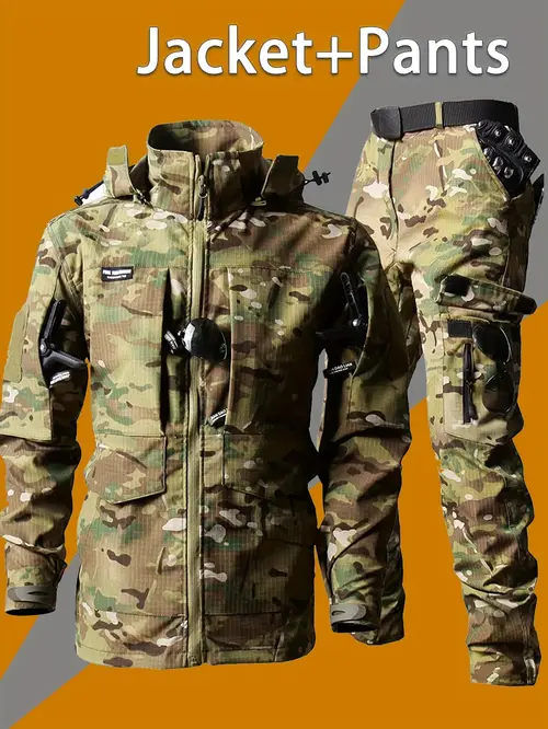 mens outdoor camouflage jacket and pants set long pants cargo pants for men suitable for spring and autumn it features multiple pockets a zipper and a mesh fabric ideal for fishing and hiking