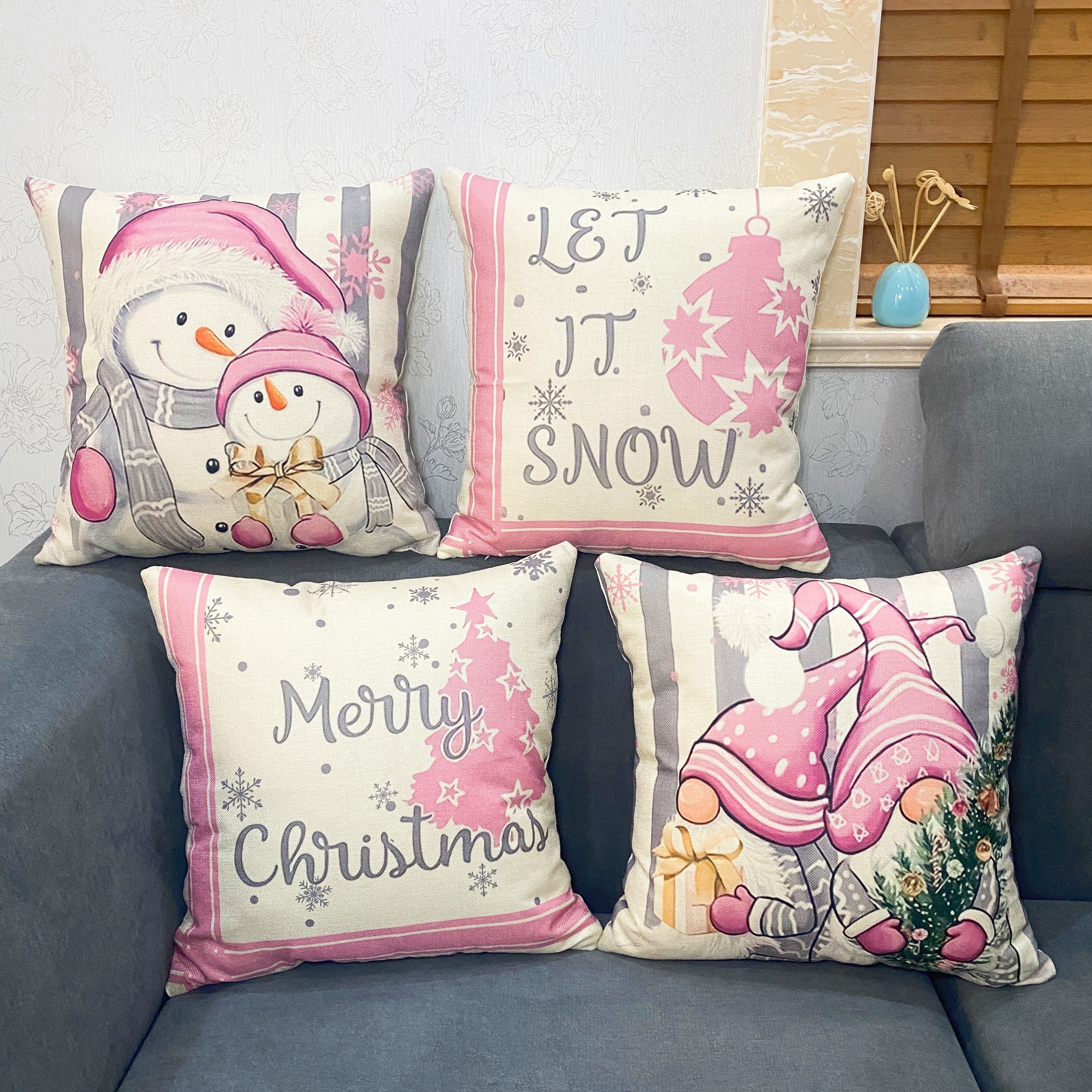 

4pcs Christmas Pink And Grey Santa Claus Christmas Tree Snowman Throw Pillowcase, Throw Pillow Cover For Sofa Bed Car Living Room Home Decor Room Decor, Without Pillow Insert, 17.7inch*17.7inch