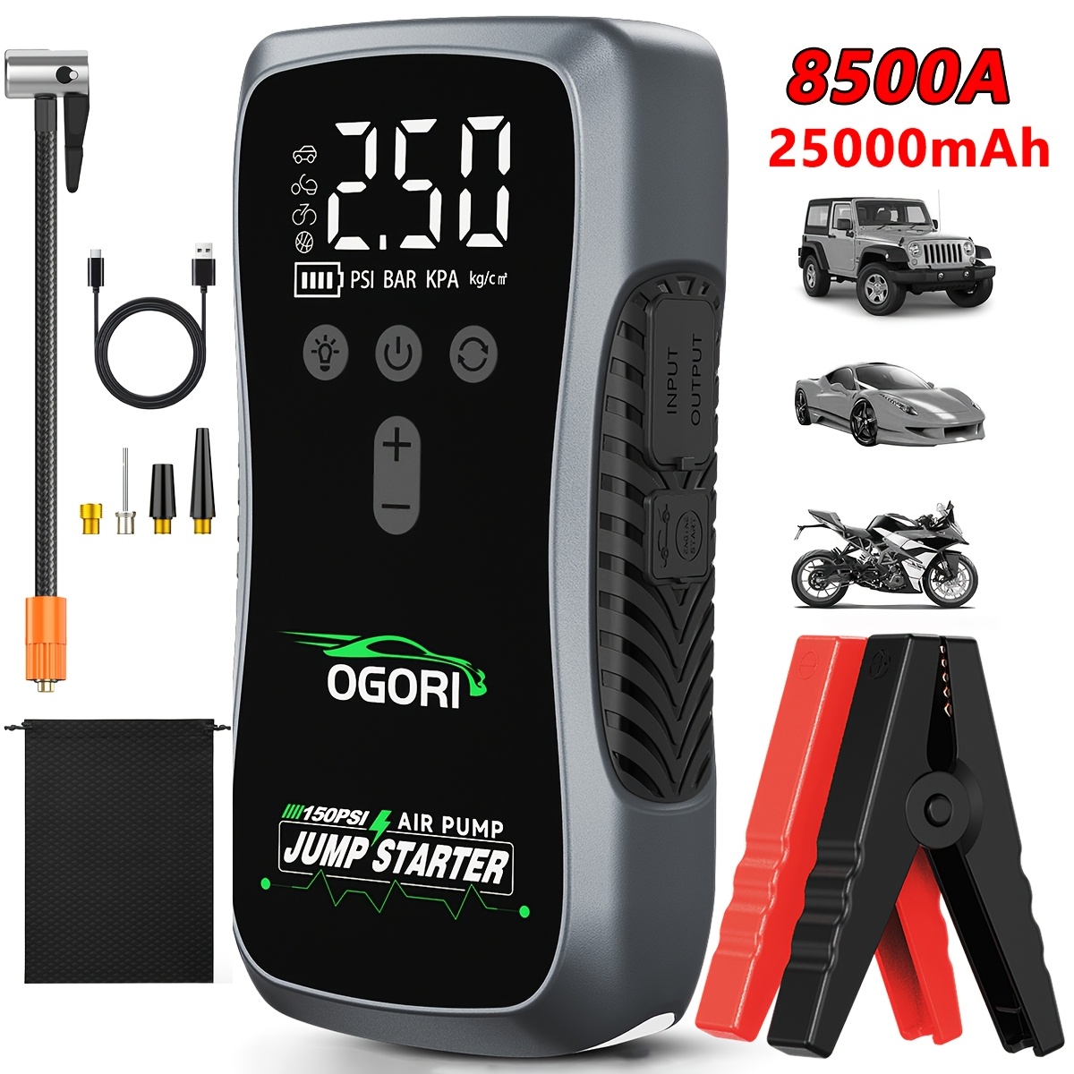 Temu 8500A Draagbare Auto Startkabel Met Luchtcompressor Compatibel Voor Alle Benzine- & 10L Dieselvoertuigen, 25000Mah Powerbank, Draadloze-image