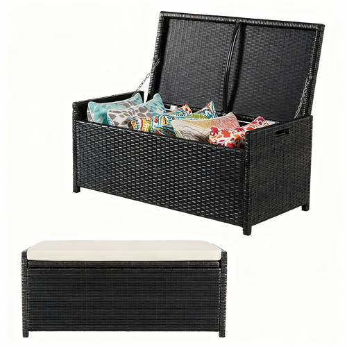 2 in 1 wicker deck box bench all weather 55 gallon outdoor storage box with cushions and waterproof bag rattan storage bench for pool tools outdoor equipments and garden tools