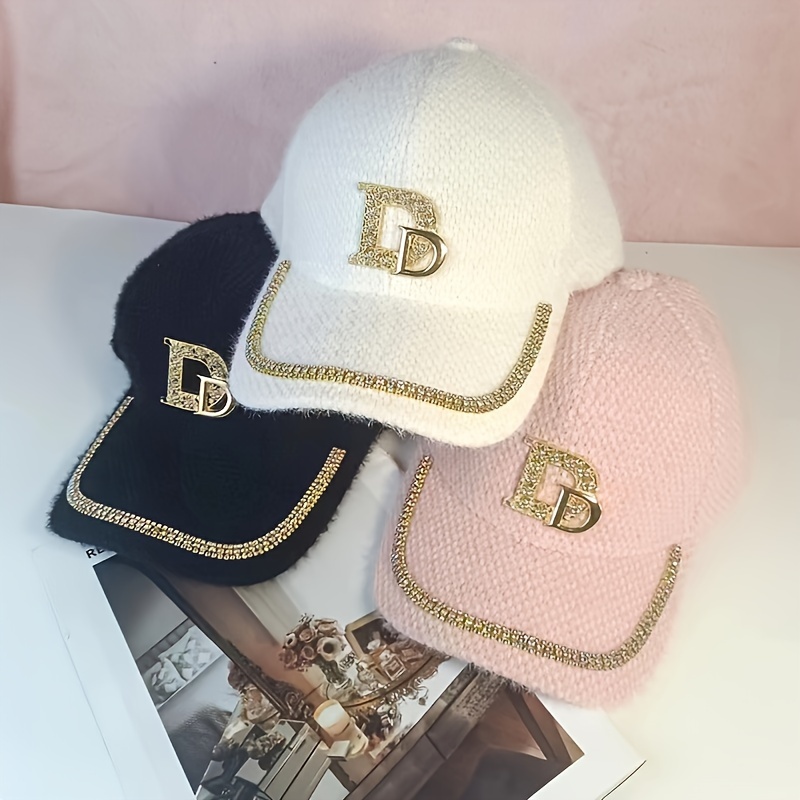 

1pc, Women's Rhinestone Baseball Cap With Long , Velvet Warm Beanie Hat, Adjustable Beanies For , Casual Streetwear, Gift For Her