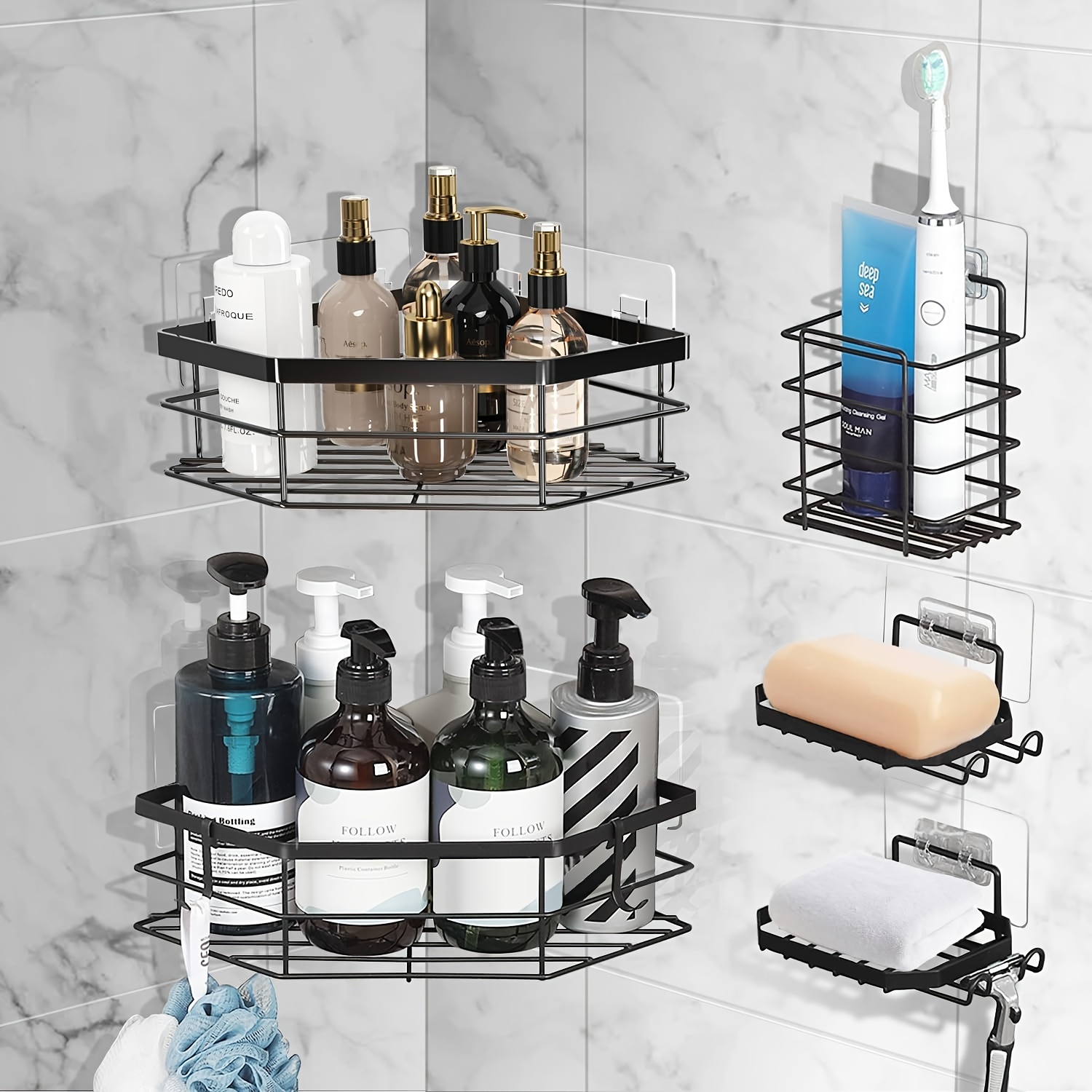 

Black Shower Caddy 5-pack Set - Adhesive Shower Shelves With Soap & Toothbrush Holders, Carbon Steel Bathroom Storage Organizer, No Drilling Needed (black-corner)