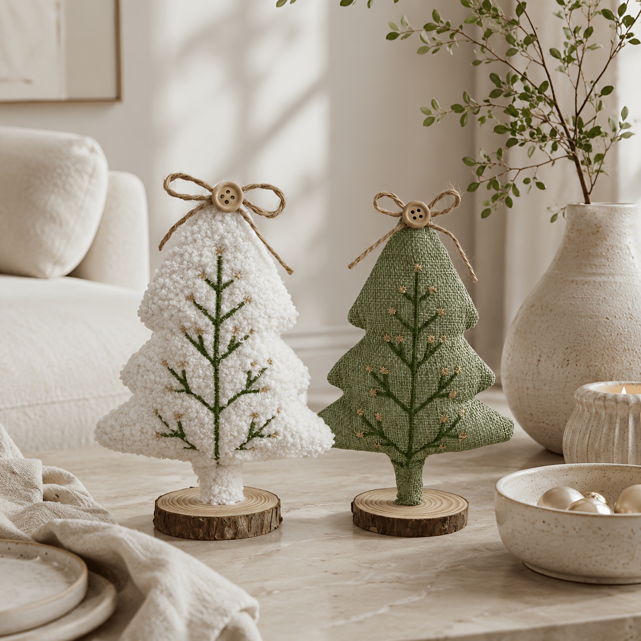 TEMU 2026 New Product - 2pcs Desktop Christmas Tree Ornaments - For Autumn And Winter, White Teddy Fleece And Light Green Linen Christmas Tree