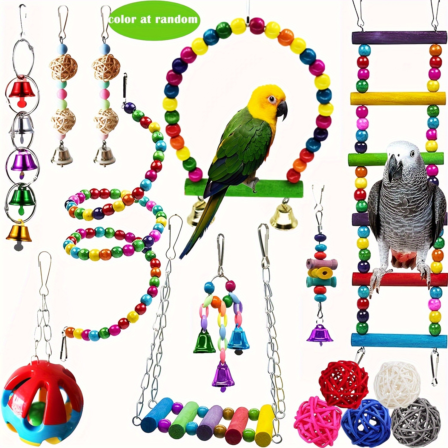 

Bird Parrot Swing Chewing Toy Set: Colorful Wooden Hanging Bells With Hammock Climbing Ladders For Small Parakeets, Cockatiels, Conures, Finches, Budgies, Macaws, Love Birds - 1/3 Pcs