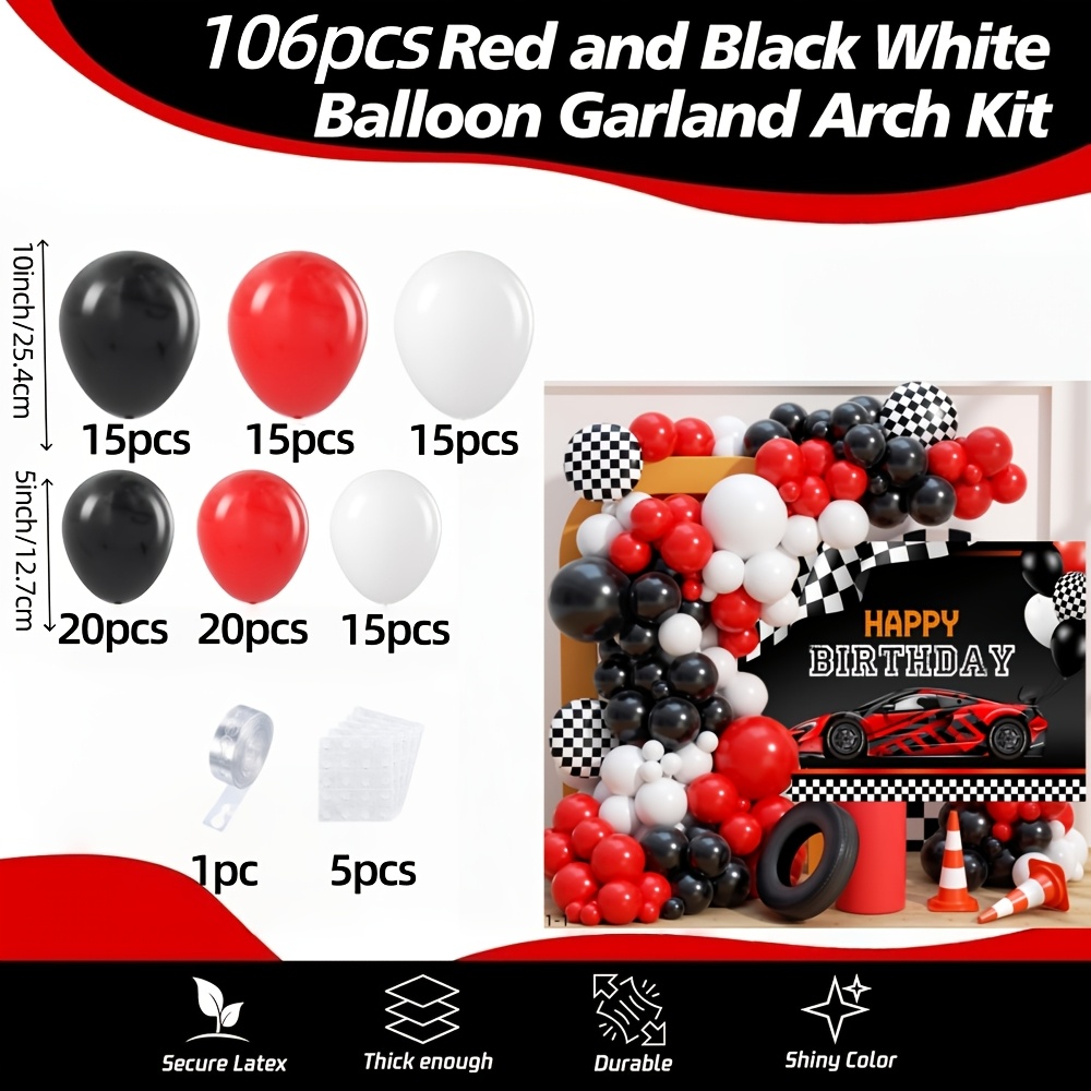 TEMU 106pcs Black, Red, And White Latex Balloon Garland Arch Set, Racing Car-themed Balloon Garland Set, Suitable For Racing-themed Birthday Parties,