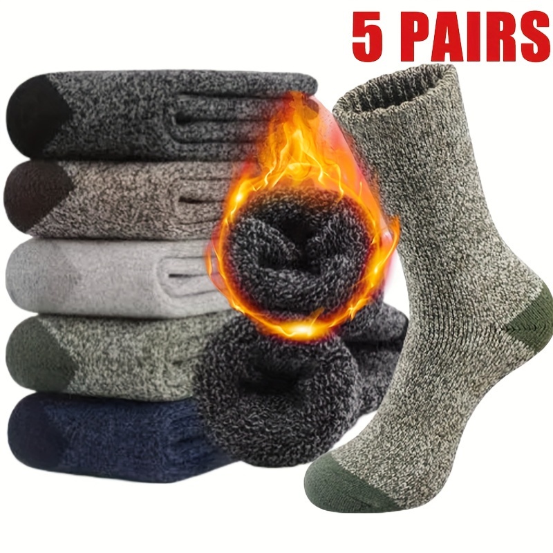 

5 Pairs Men's Winter Thermal Socks - Knit Crew Length, Polyester 90% Spandex 10% , Solid Color, For Cold Weather, Hand Wash Only