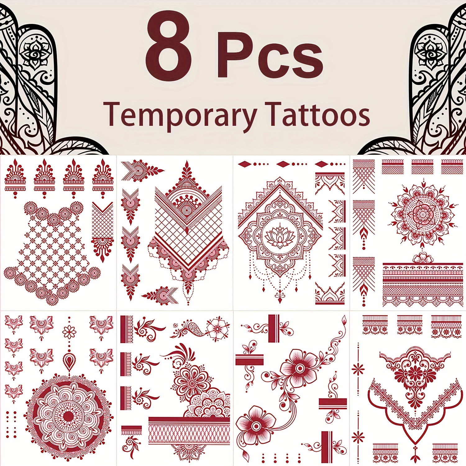 Image of Ftvltat 8 Temporary Tattoo Stickers - Line Patterns On Hands, Feet And Legs - Intricate Floral, Geometric And Boho Patterns For Parties, Events, Body Art Decorations, Waterproof And Long Lasting