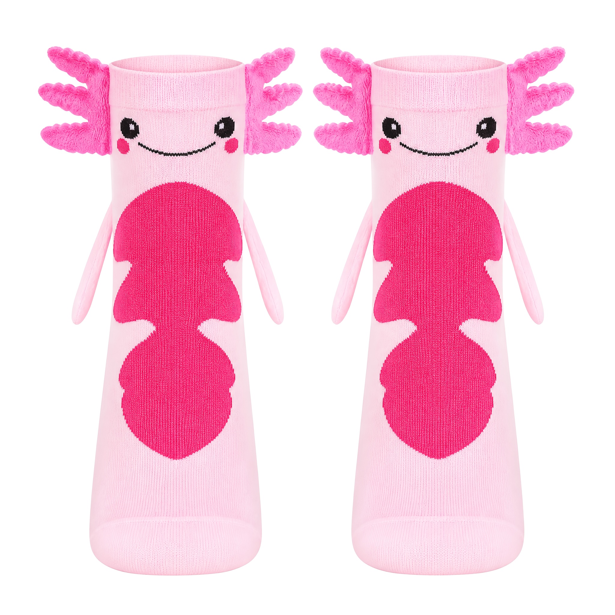 TEMU Women's Pink Axolotl Socks With Holding Hands Design - Cute Axolotl & Salamander Themed Footwear, Hand Washable Novelty Gift Suitable For