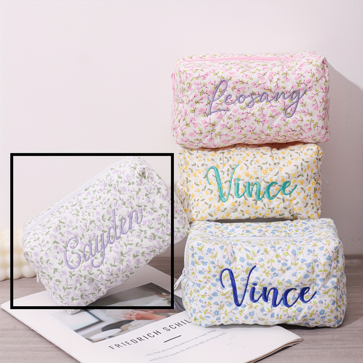 TEMU A Custom Floral-embroidered Makeup Pouch Featuring A , Suitable For Bridesmaids, Bridal Showers, Travel Organization, Or As A Christmas Present