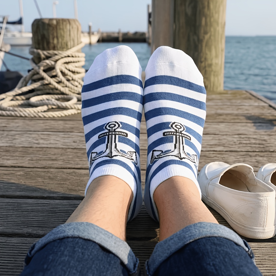 TEMU 1 paire de chaussettes unisexes à motif et rayures nautiques - Rayées bleues et blanches adaptées pour la natation, la plage, les voyages, -