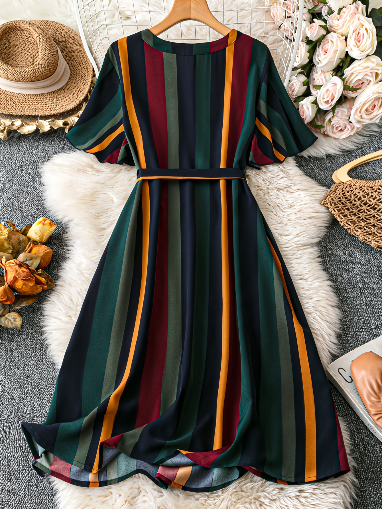 women's v neck striped dress belt polyester 95% elastane 5% Temu