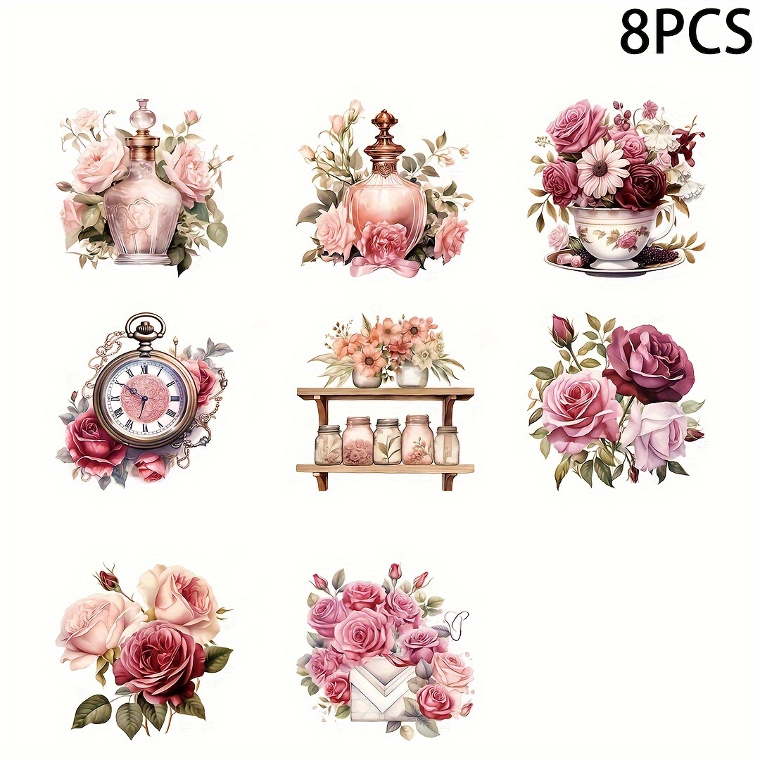 

8pcs Valentines Day Flowers Uv Dtf Transfer Sticker Libbey Glass Cups Diy Wrap Transfer Sticker For 16oz Glass Cup Waterproof Sticker Bottle Sticker Adhesive Sticker-high Quality