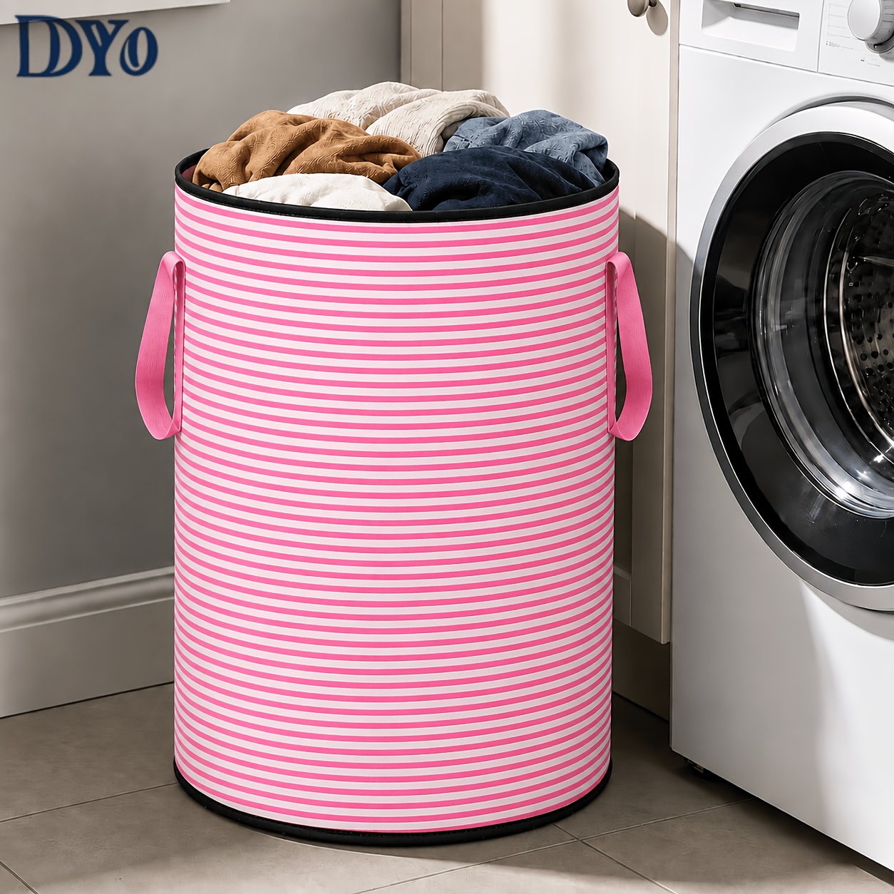 TEMU Boîte de rangement pliable non tissée rose à rayures, grande taille, durable, pour vêtements et , cylindrique à dessus ouvert, conteneur de