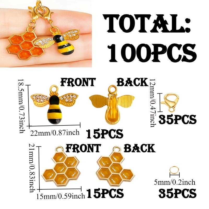E-shop 100 Stück Glitzernde Strass-Bienen + Waben-Schlüsselanhänger-Set, Enthält: 15 Stück Bienen, 15 Stück Waben, 35 Stück Karabinerhaken, 35 Stück