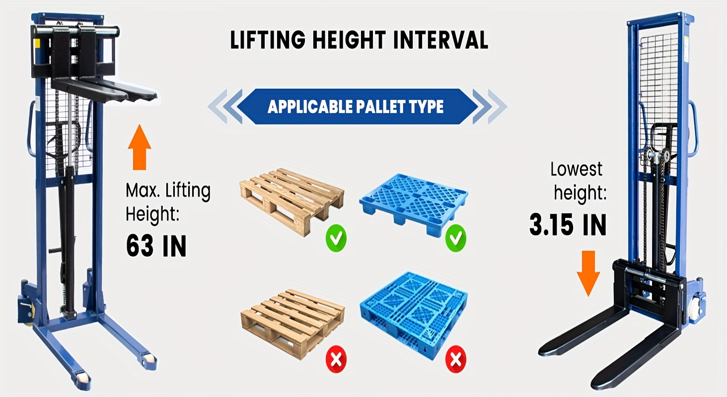manual hydraulic pallet stacker 2200lbs capacity 63 lift fixed legs Product details 2
