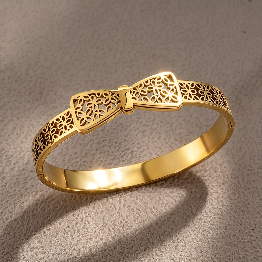 TEMU Classic Bow Stainless Steel Steel Bracelets For Women, Vintage Hollowed-out Design, 18k Golden Plated, Suitable For Daily And Work Wear, Ideal