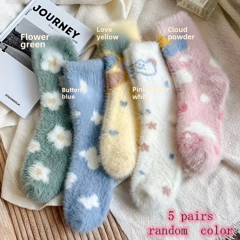 TEMU 5 Pairs Random Colors Quirky Cartoon Comfortable Women's Socks Thick Long Plush Long Socks, Warm For Autumn And Winter, Soft, Fluffy Cute