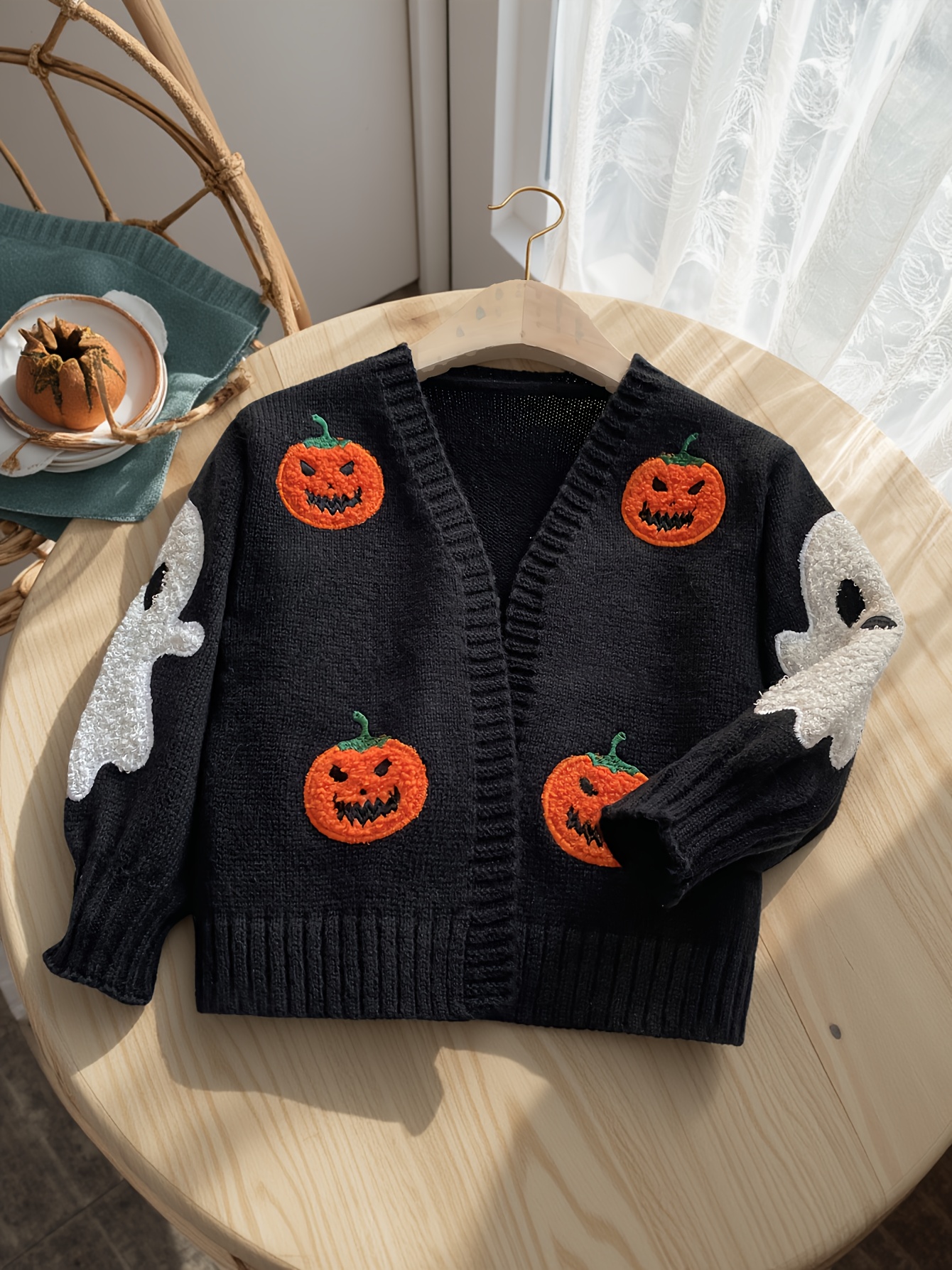 Mädchen Halloween Strickjacke Mit 3D Kürbis - Warme Winterjacke Für Mädchen Gr. 98